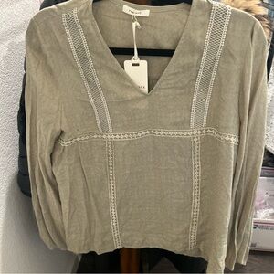 pleione Long Sleeve V-neck blouse W/ Lace Trims medium Green Sage Anthropologie